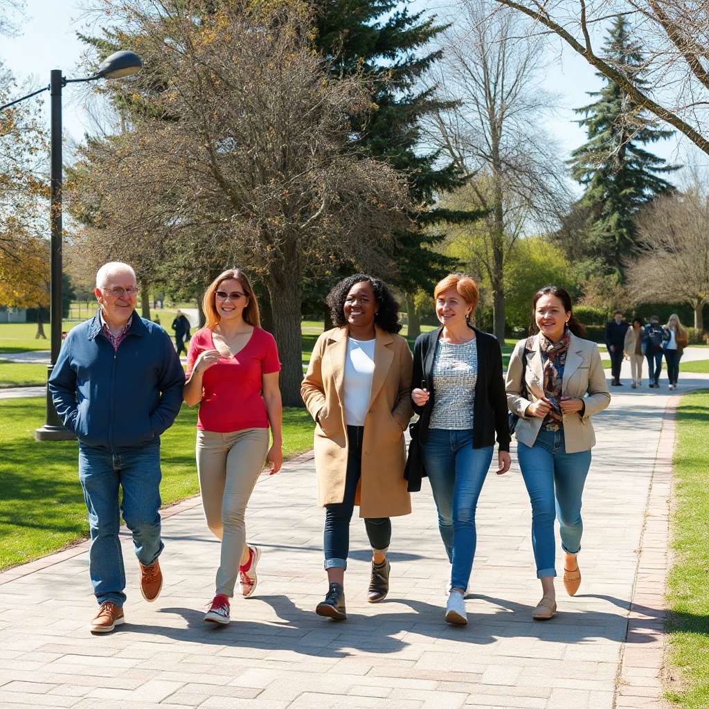 People walking briskly in a park