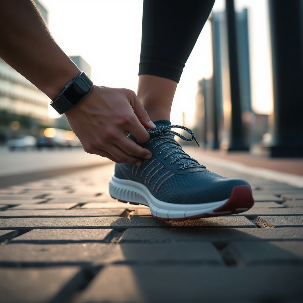 Person tying running shoe with smartwatch