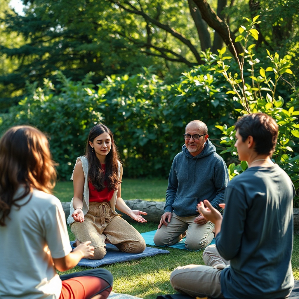 People practicing mindfulness and talking outdoors