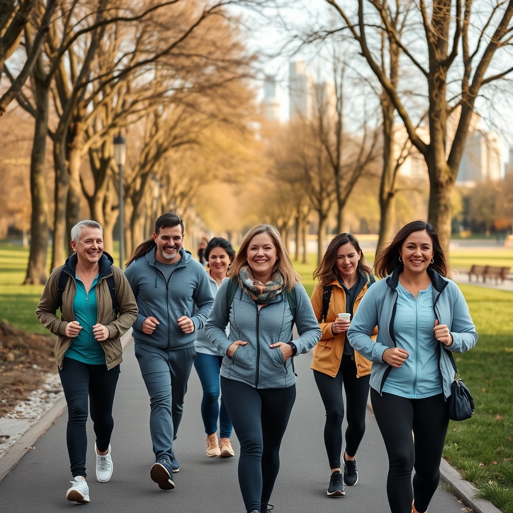 Diverse adults brisk walking in a park