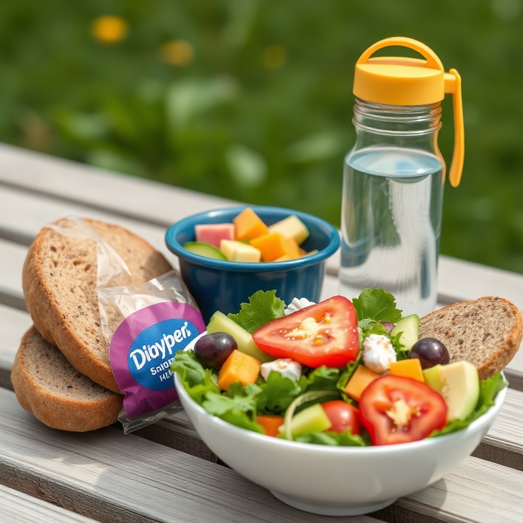 Salad, whole-grain bread, and water bottle representing healthy nutrition