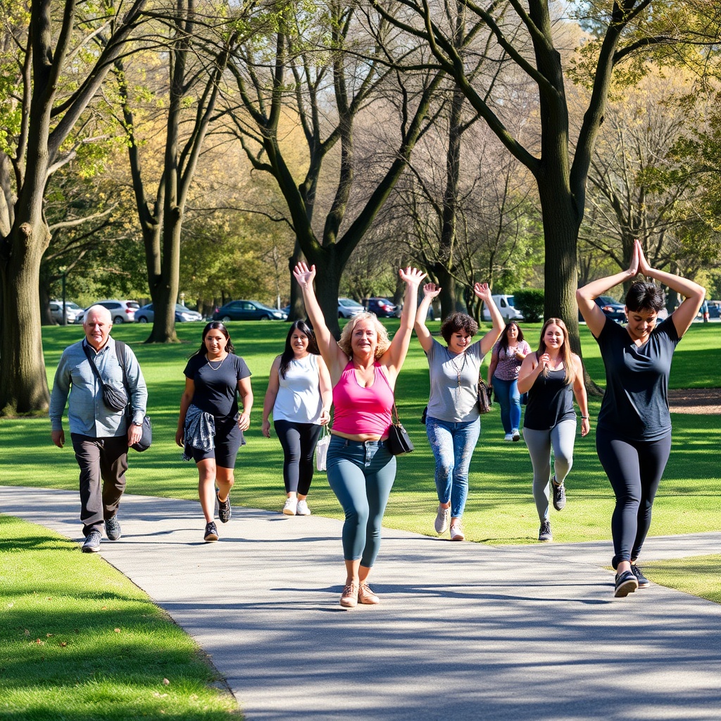 People walking and stretching in a park